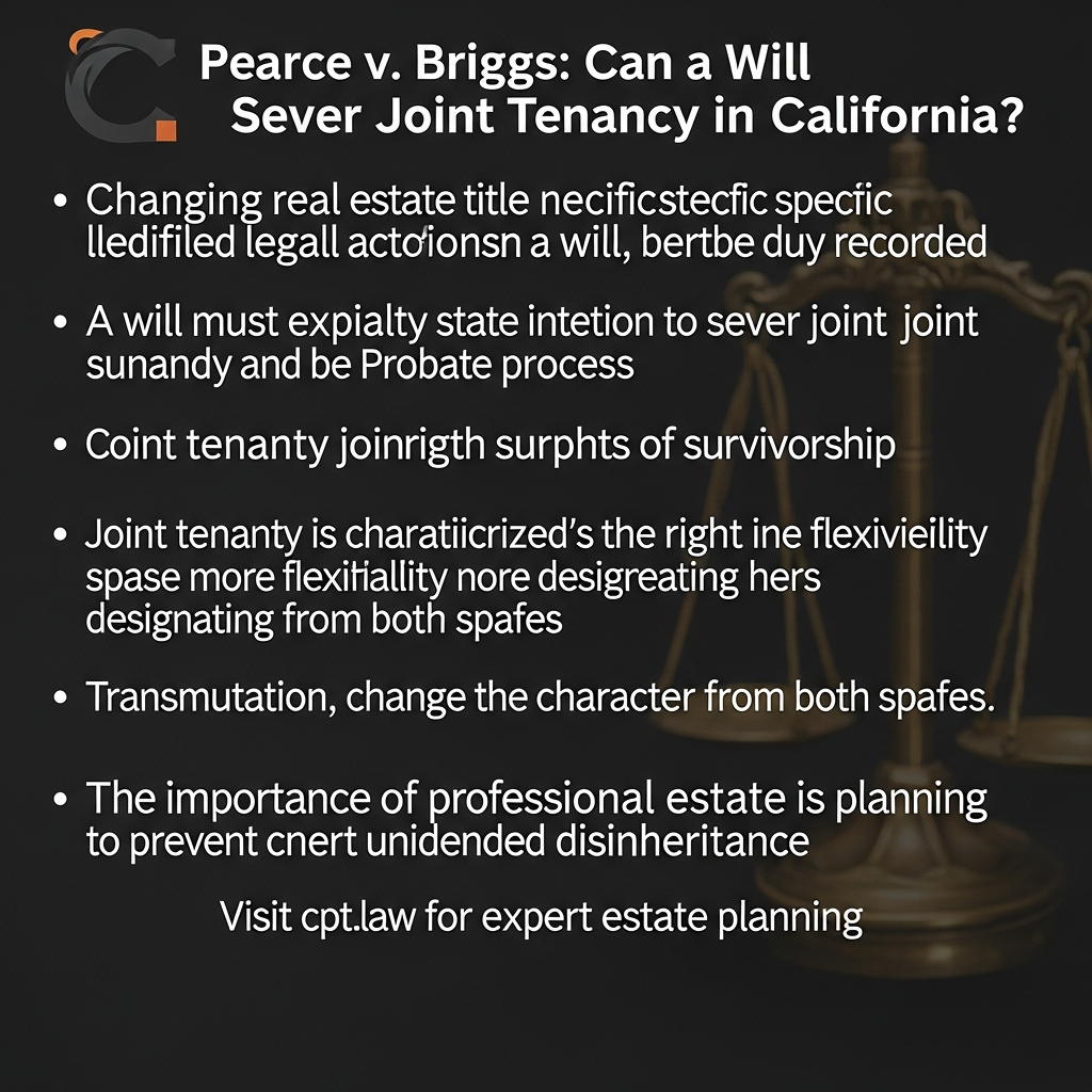 Pearce v. Briggs: Can a Will Sever Joint Tenancy in California? (It Must Be Clear and Recorded) - California Legal Guide | CPT Law 1 Pearce v. Briggs: Can a Will Sever Joint Tenancy in California? (It Must Be Clear and Recorded) - Ca