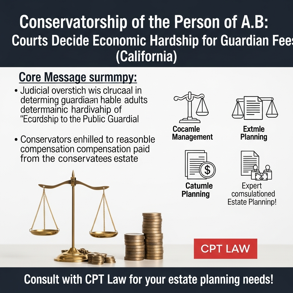Conservatorship of the Person of A.B.: Courts Must Decide Economic Hardship for Guardian Fees (California) - California Legal Guide | CPT Law 1 Conservatorship of the Person of A.B.: Courts Must Decide Economic Hardship for Guardian Fees (Calif