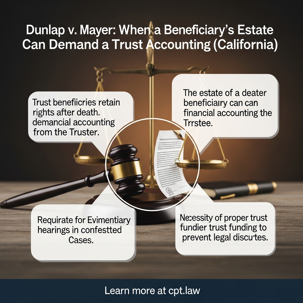 Dunlap v. Mayer: When a Beneficiary’s Estate Can Demand a Trust Accounting (California) - California Legal Guide | CPT Law 1 Dunlap v. Mayer: When a Beneficiary’s Estate Can Demand a Trust Accounting (California) - California