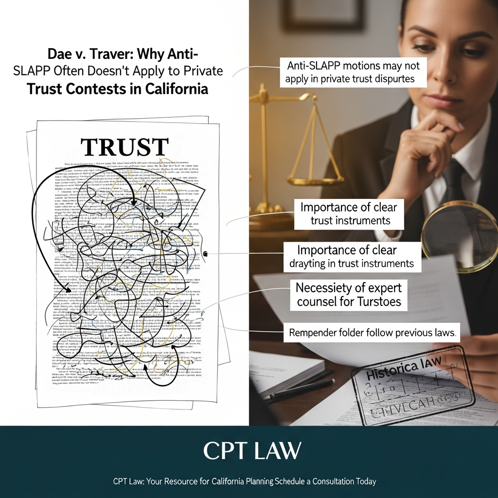 Dae v. Traver: Why Anti-SLAPP Often Doesn’t Apply to Private Trust Contests in California - California Legal Guide | CPT Law 1 Dae v. Traver: Why Anti-SLAPP Often Doesn’t Apply to Private Trust Contests in California - Californ