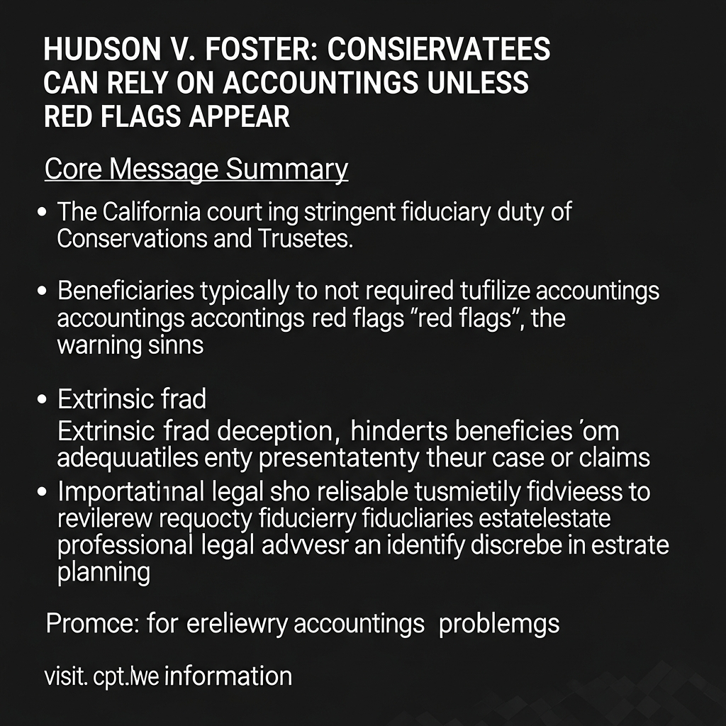 Hudson v. Foster: Conservatees Usually Can Rely on Accountings Unless Red Flags Appear (California) - California Legal Guide | CPT Law 1 Hudson v. Foster: Conservatees Usually Can Rely on Accountings Unless Red Flags Appear (California)