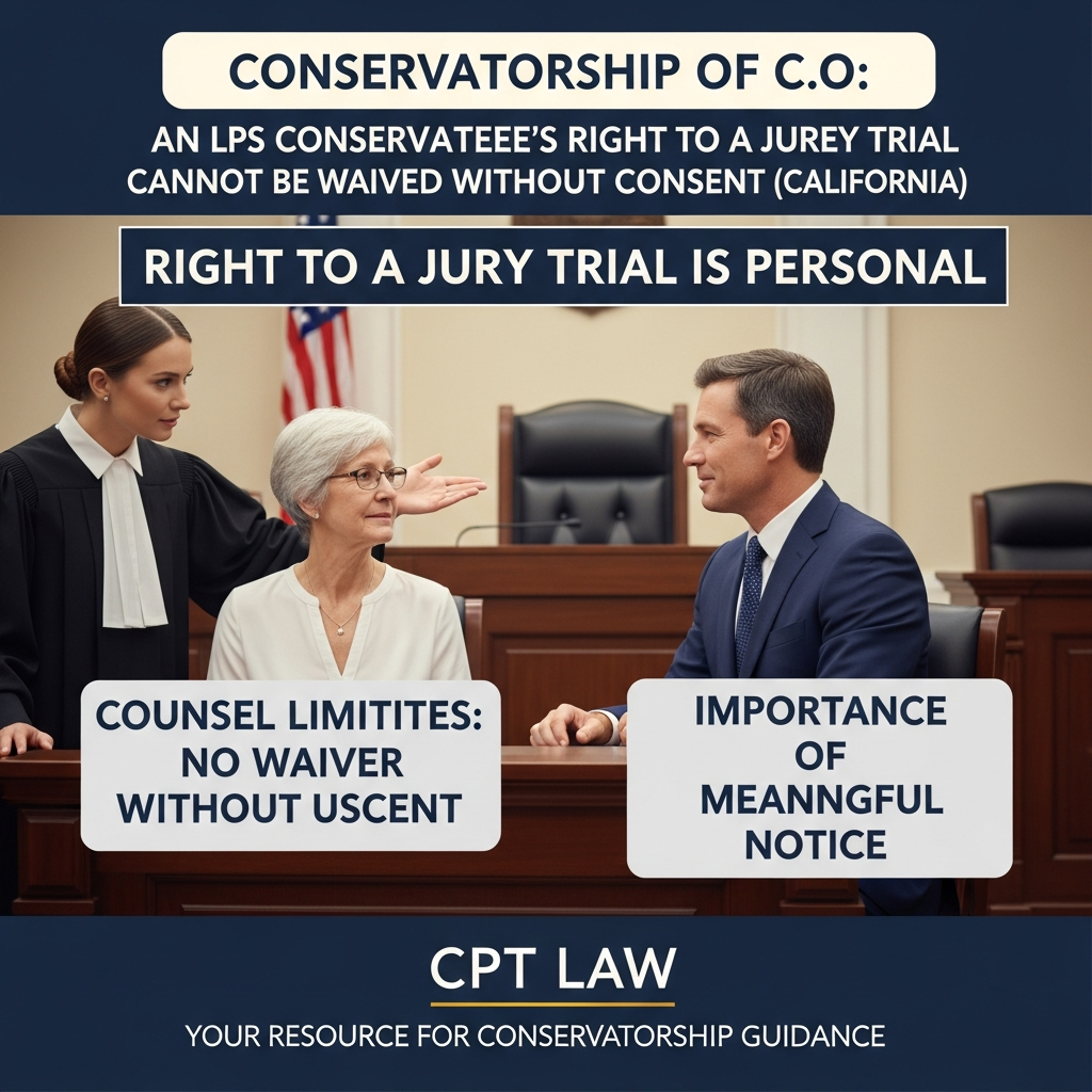 Conservatorship of C.O.: An LPS Conservatee’s Right to a Jury Trial Cannot Be Waived Without Consent (California) - California Legal Guide | CPT Law 1 Conservatorship of C.O.: An LPS Conservatee’s Right to a Jury Trial Cannot Be Waived Without Consent